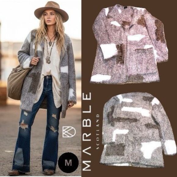 Marble Scotland | Eyelash Yarn Cardigan Women's Medium Grey White Soft - Picture 1 of 7